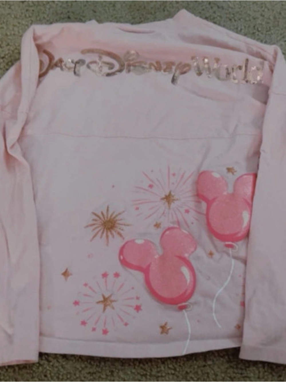 Disney Light Pink Long Sleeve Top with Gold Logo and Pink Mickey Balloons